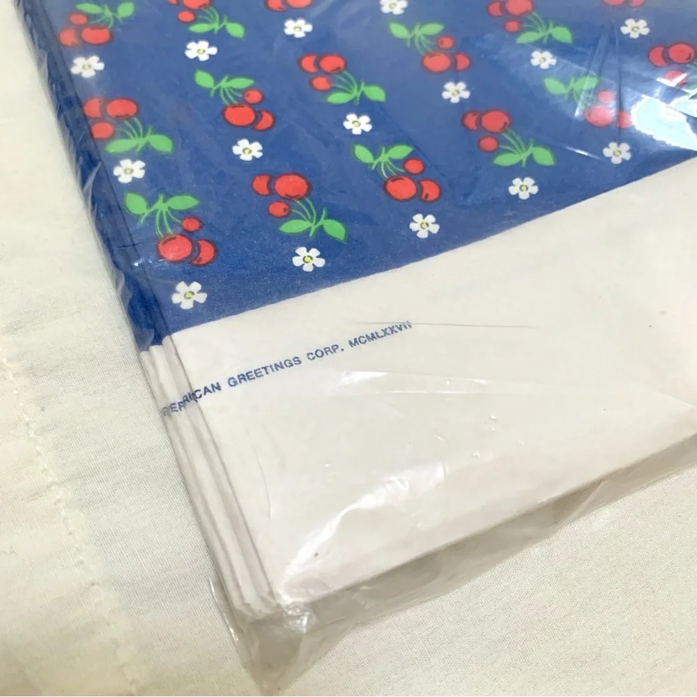 1970s blue tablecover with red cherries white daisies print by Party Maid